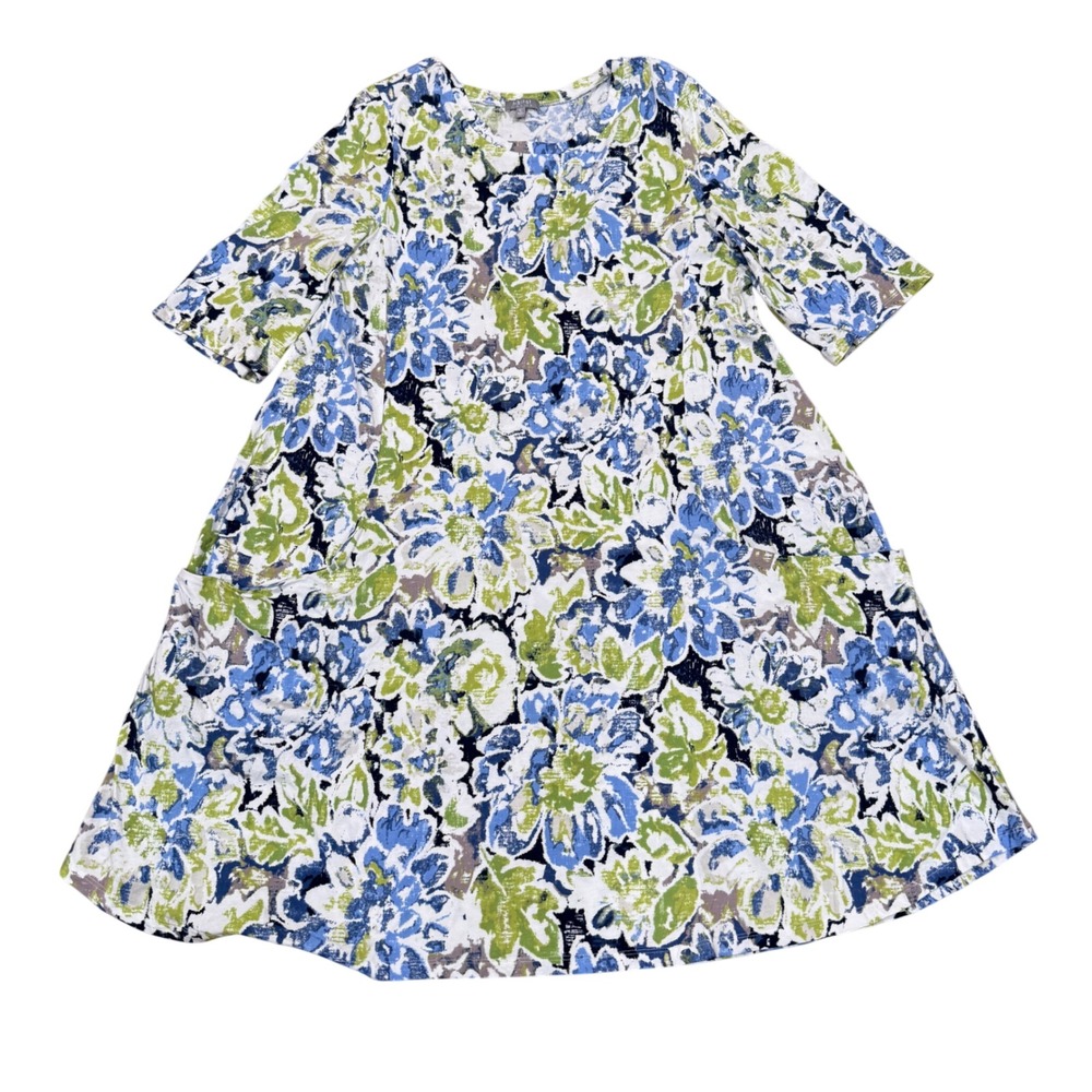 Habitat Floral Cotton A-Line Pocket Dress Blue Green XL Lagenlook Casual Light